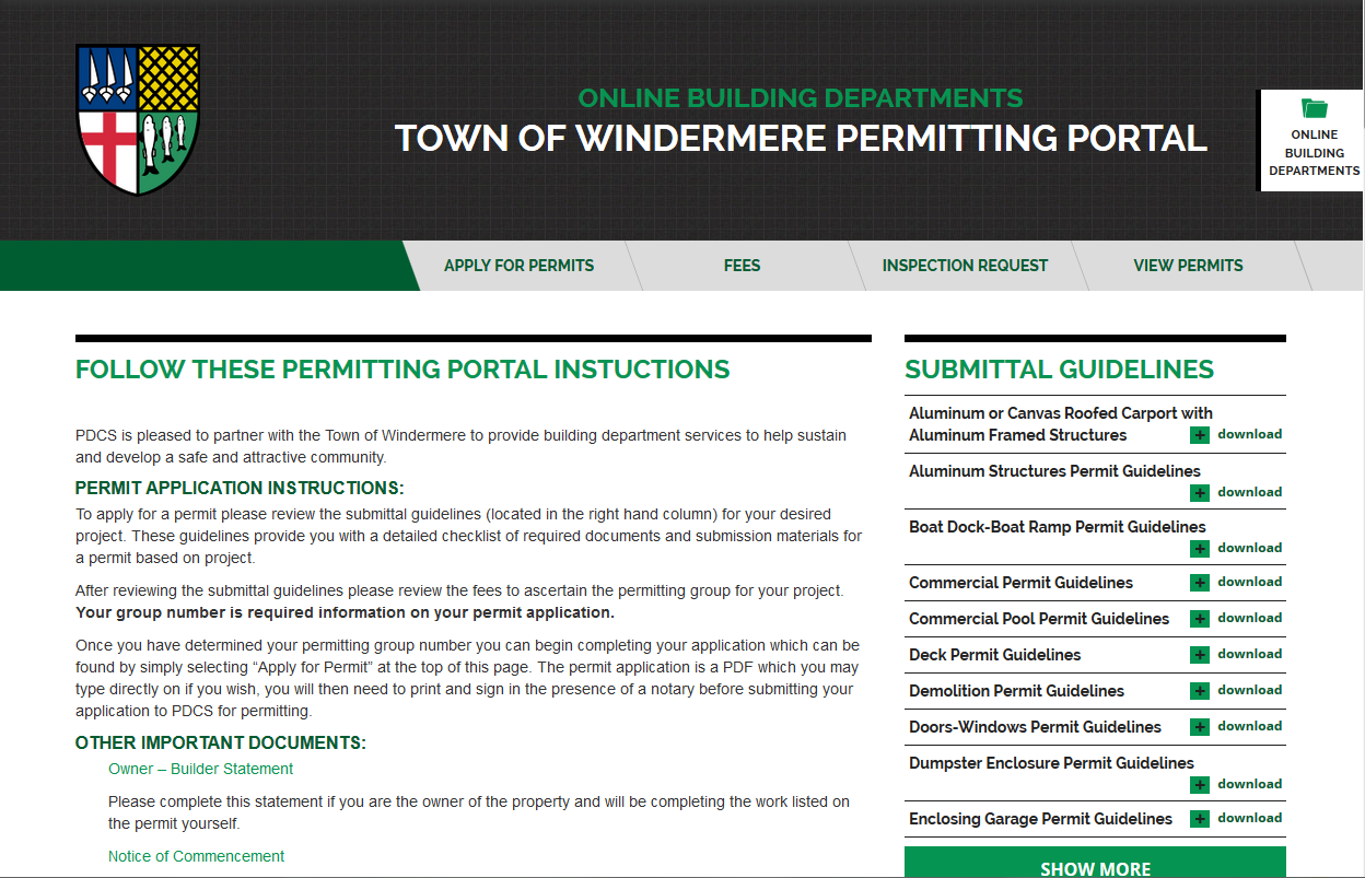 Screenshot of website showing the town of Windermere's permitting portal